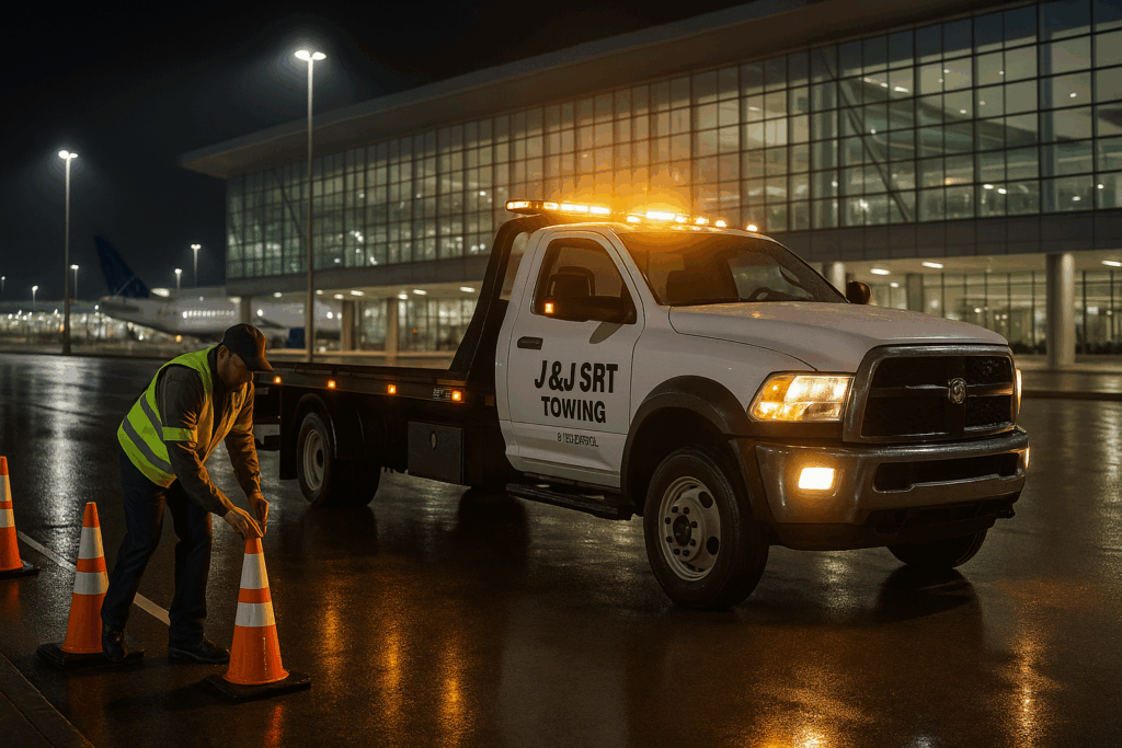 J&J SRT Towing flatbed at Hartsfield-Jackson, operator placing safety cones on wet terminal roadway at night.
